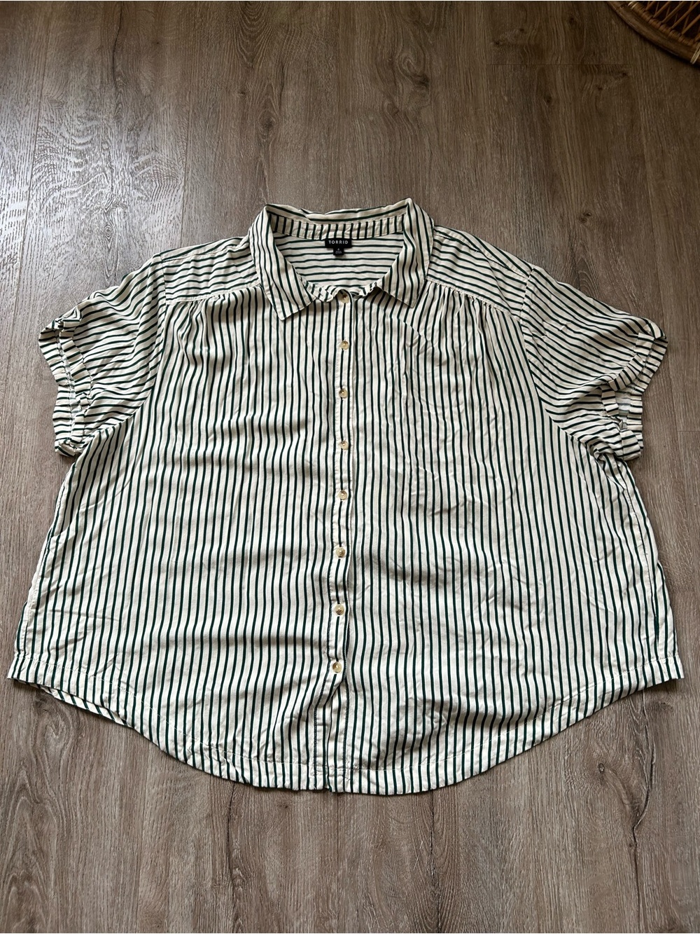 Torrid Green and White Vertical-Stripe Short-Sleeve Button-Up